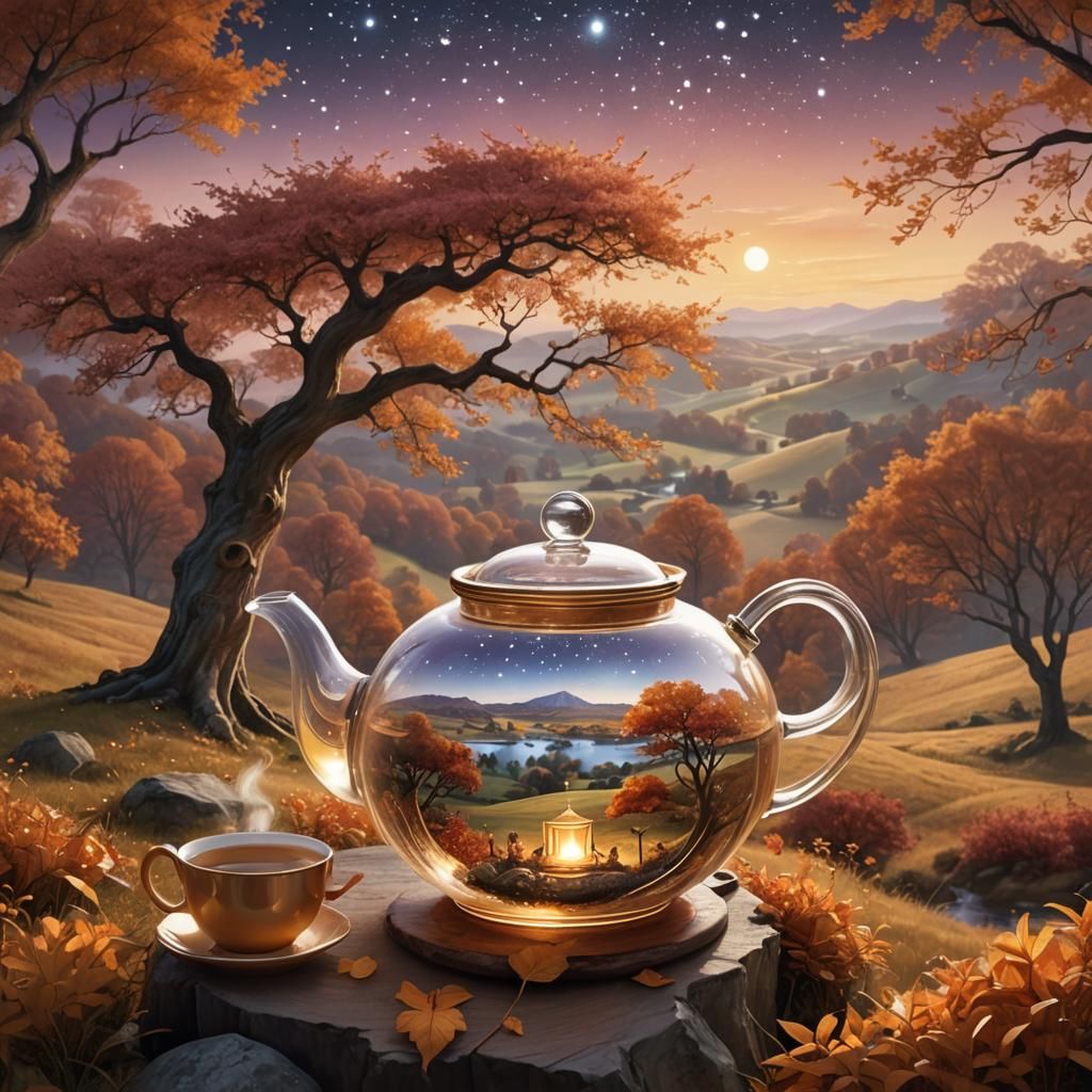 Starlit Autumn Landscape Flowing from Crystal Teapot