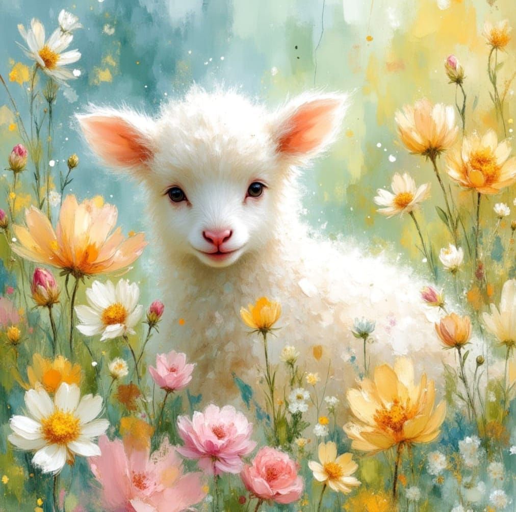 Ethereal Lamb in Summer Meadow, Impasto Watercolor