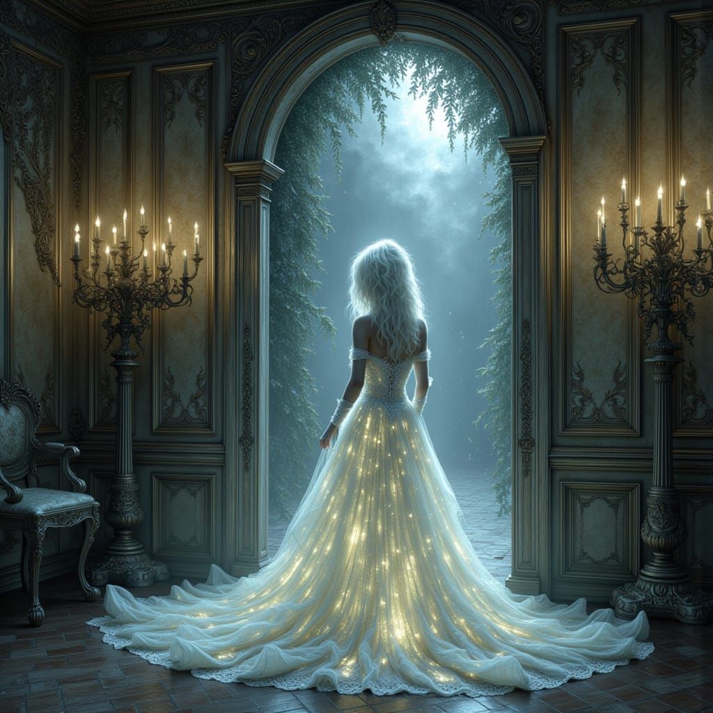Ethereal Figure in Glowing Gown in Decaying Ballroom