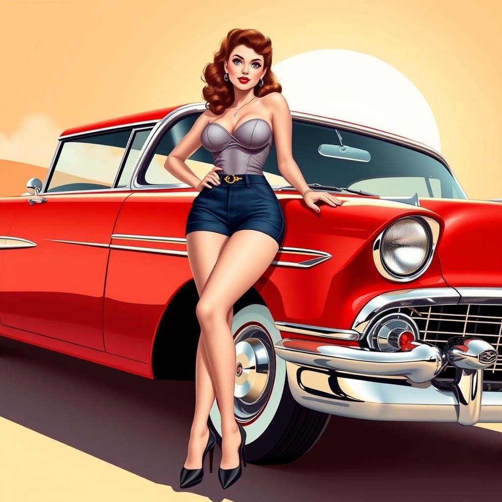 Sultry Pinup Girl Leans Against Classic 1950s Chevrolet Bel ...