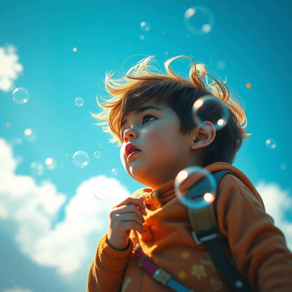 Child Blowing Bubbles into a Blue Sky