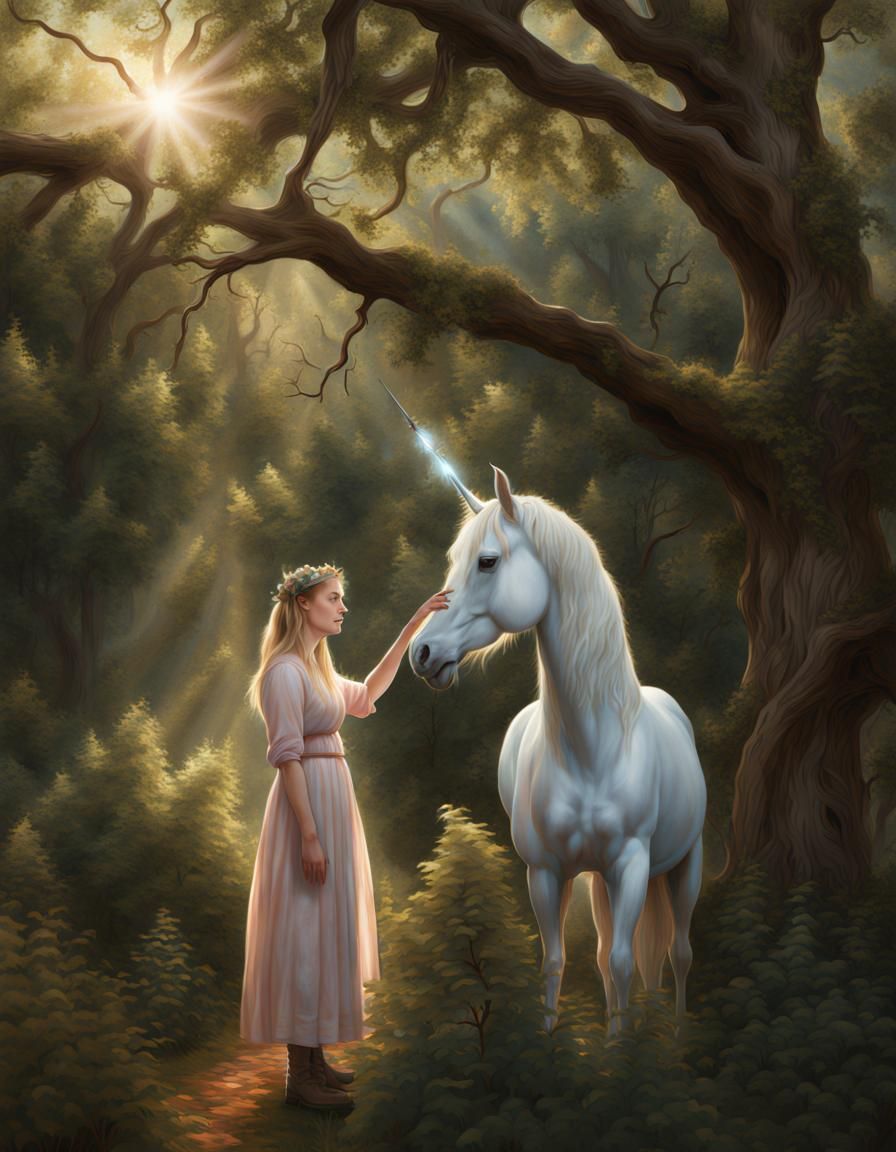 Maiden and Unicorn in Forest Clearing