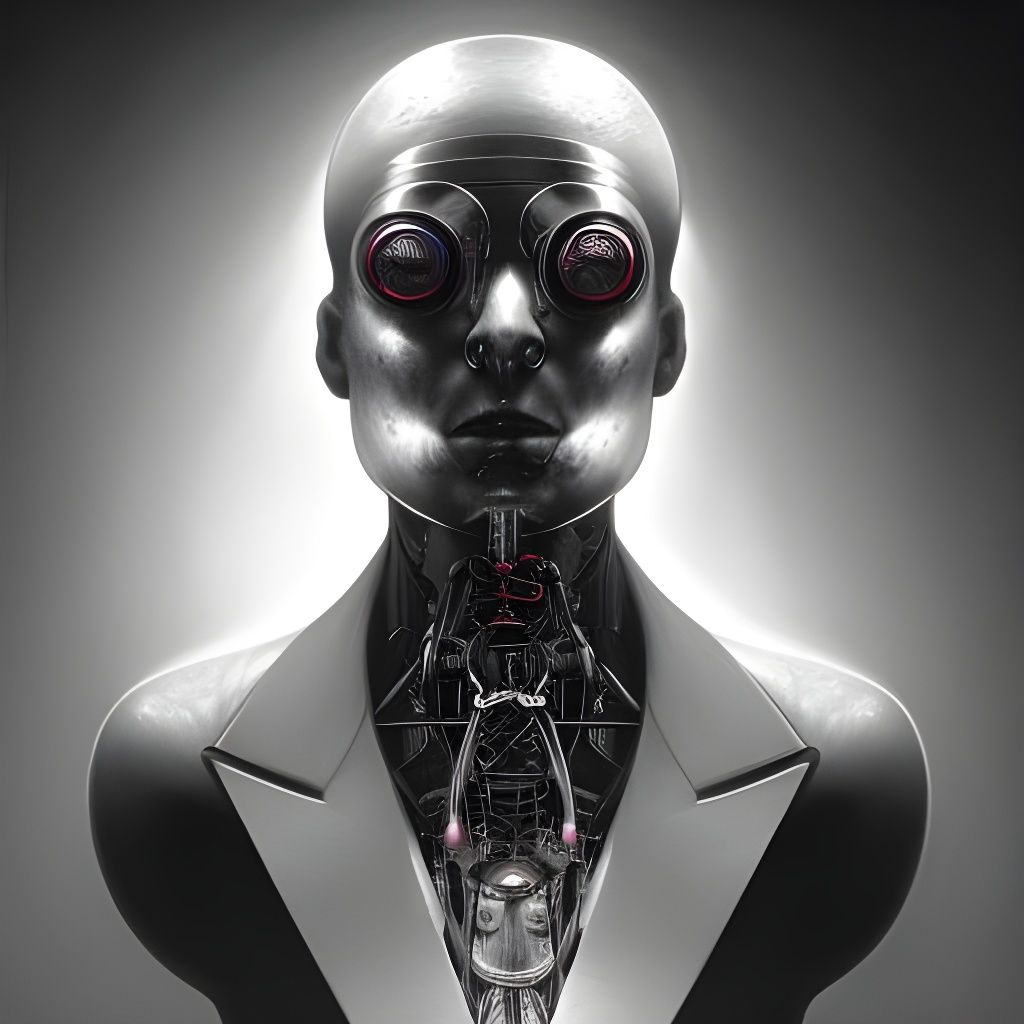 Cyborg Bartender in Dark Surrealist Style