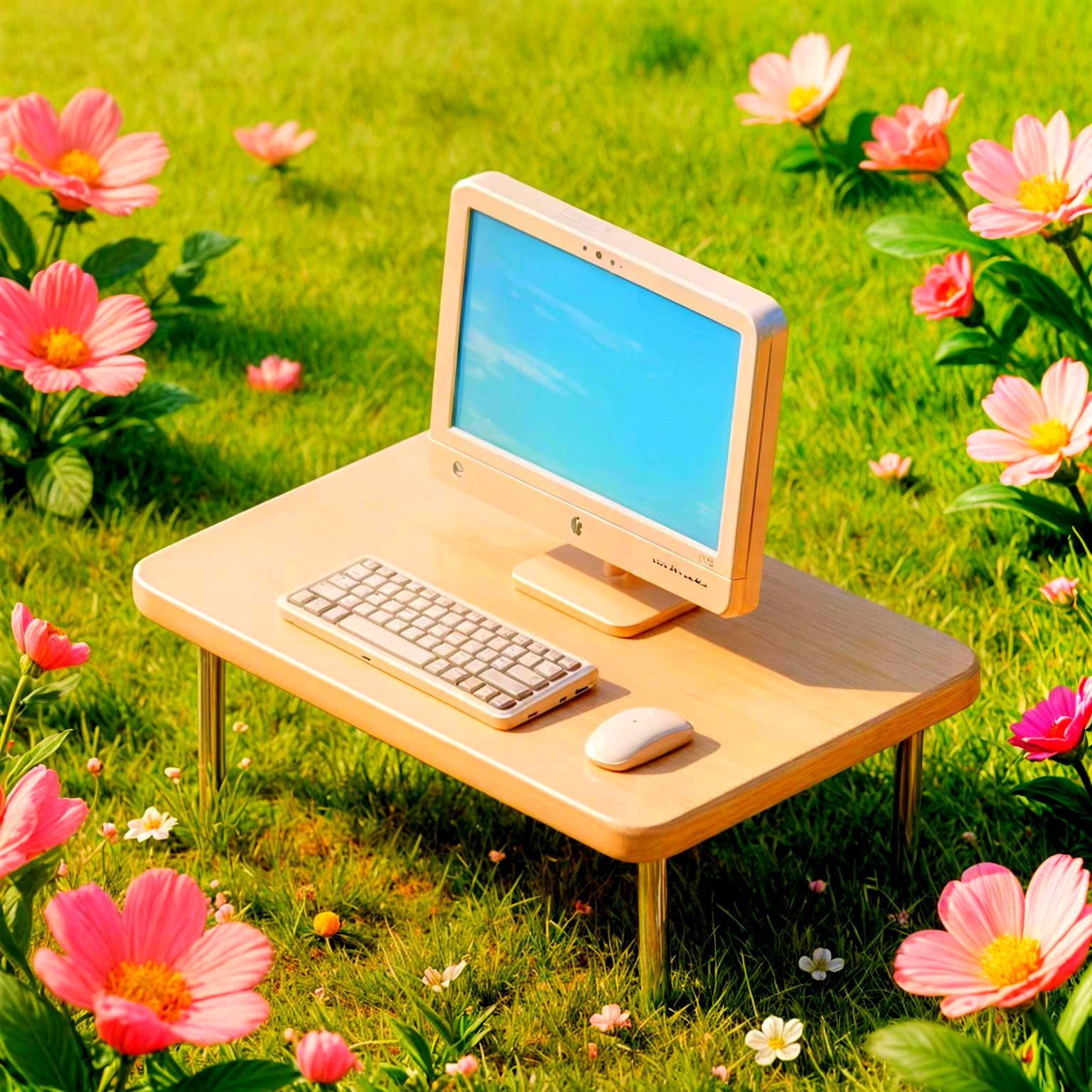 Surreal Computer Workstation in Pastel Flower Field
