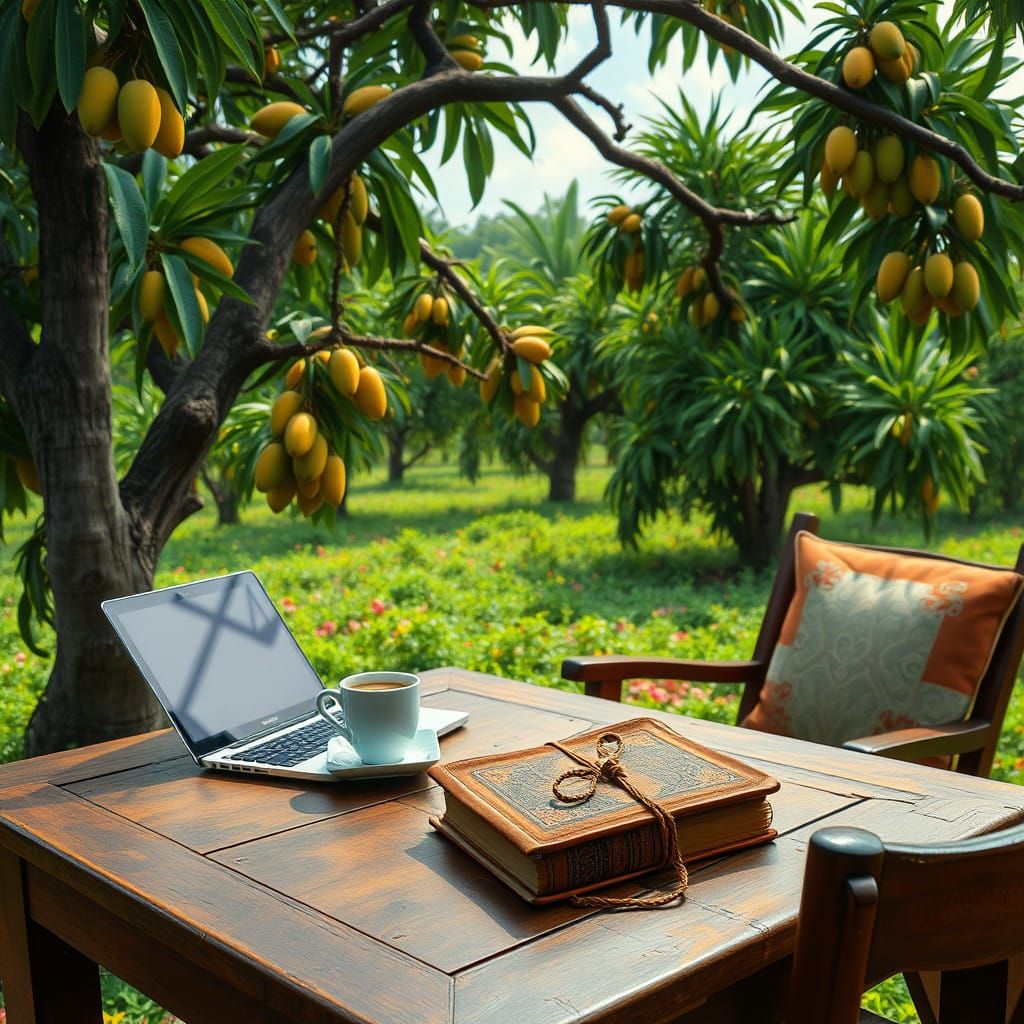 Vibrant Mango Farm Morning, in Impressionist Style