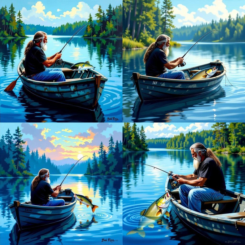 Fisherman Catching a Heavy Fish on Blue Lake