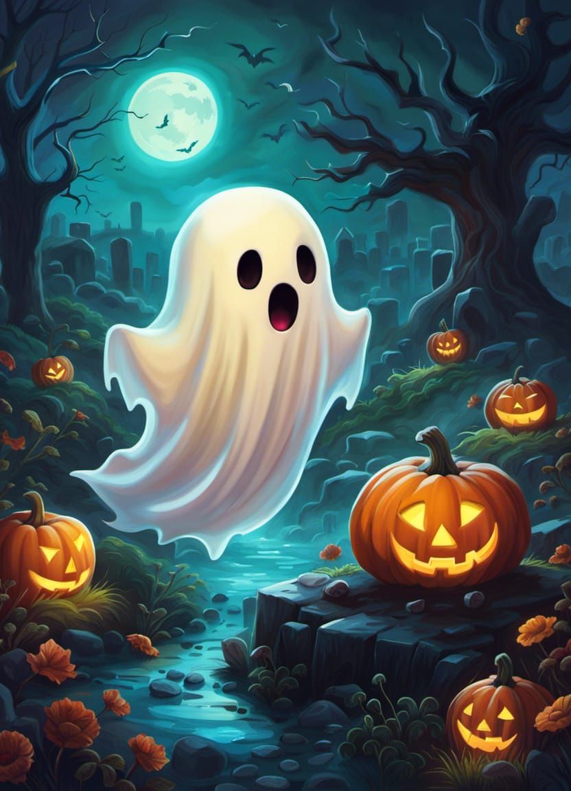 Cute Spooky Ghost in Graveyard: Halloween Digital Art
