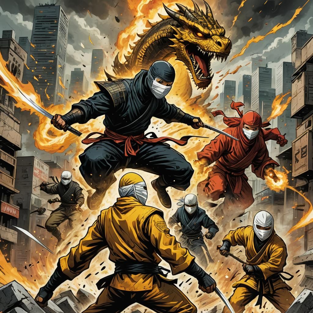 Ninjas Fight Dragon: Dynamic Comic Book Illustration