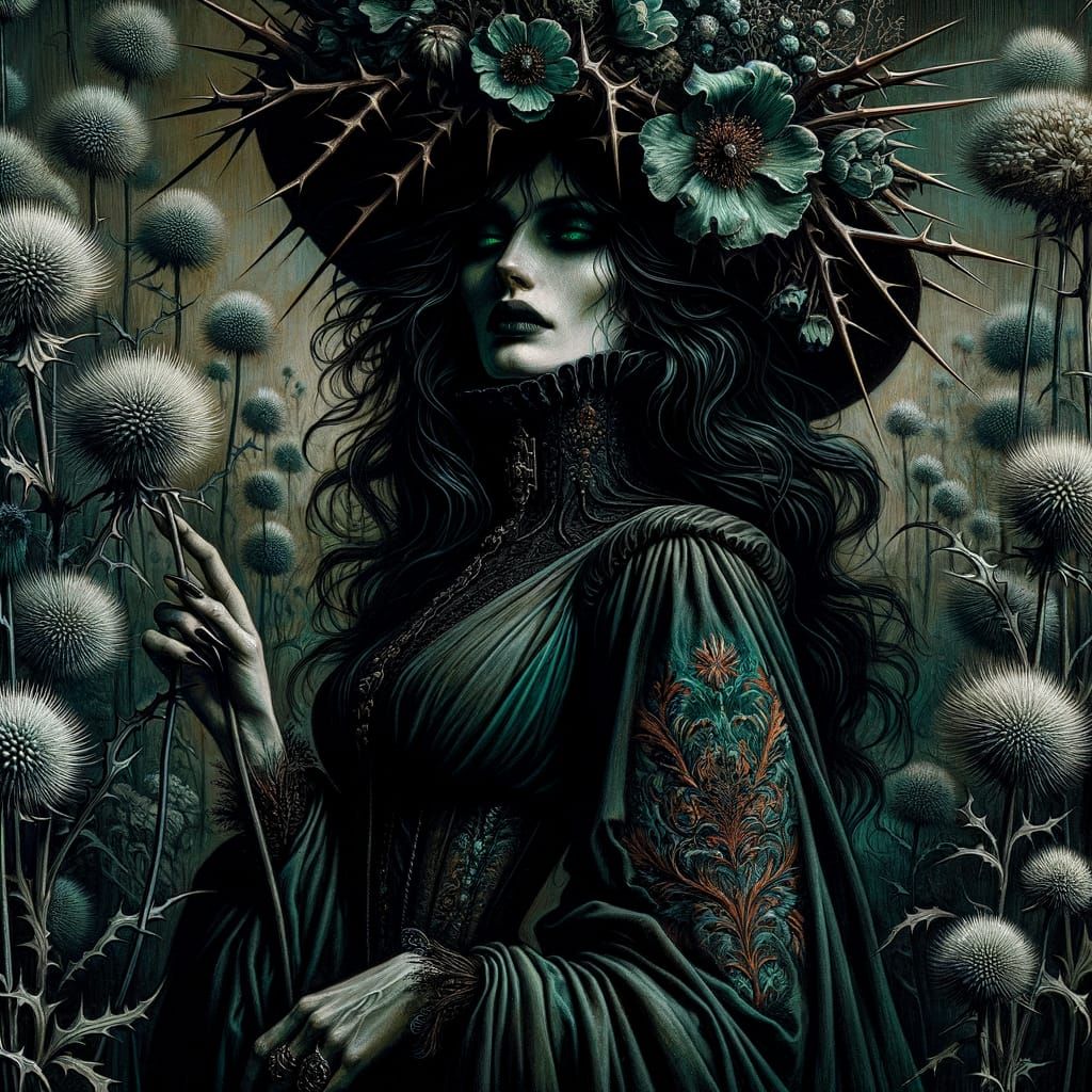 Spectral Emerald Queen Reigns in Haunting Gothic Landscape