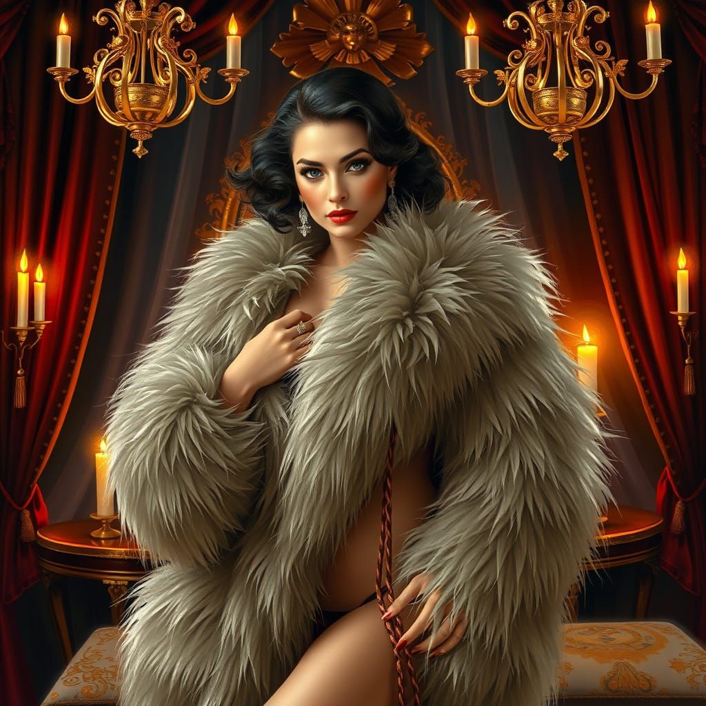 Elegant Woman in Opulent Art Deco Fur Coat