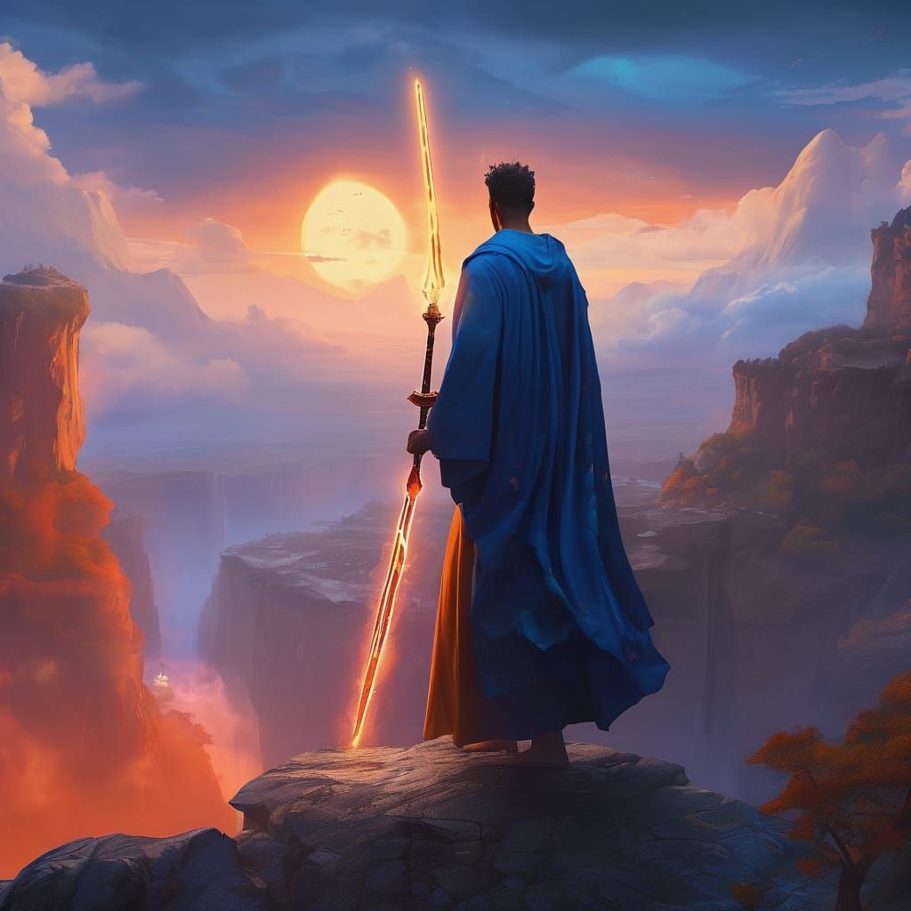 Eastern Warrior on Cliffside with Glowing Sword