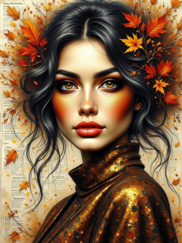 Portrait of a Woman in Autumn Colors with Newspaper Collage