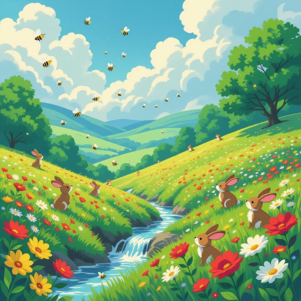 Magical Wind Lifts Bees in Ethereal Valley Scene