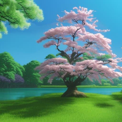 Japanese Temple with Sakura Tree in Anime Style