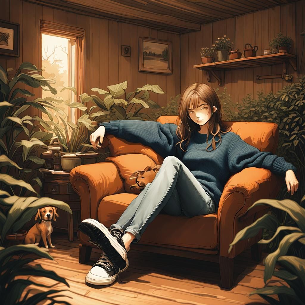 A young woman sitting on an orange cushioned chair with her ...