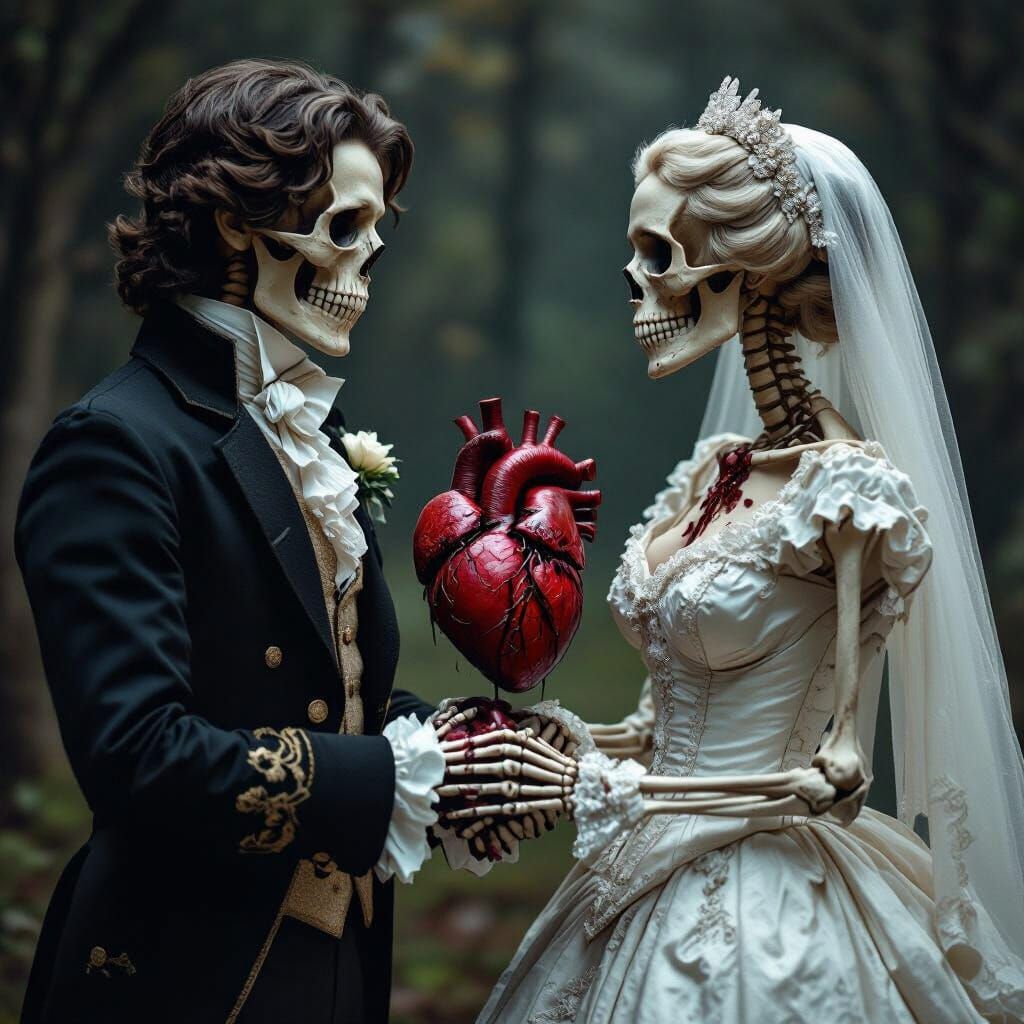Skeletons in 18th Century Wedding Attire with Rotten Heart