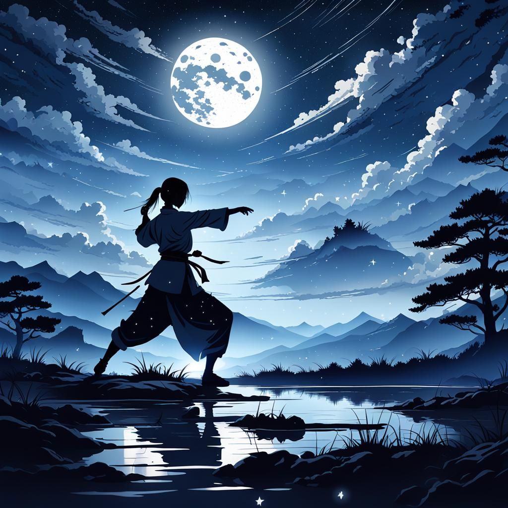 Silhouette of Martial Artist Practicing Tai Chi at Night
