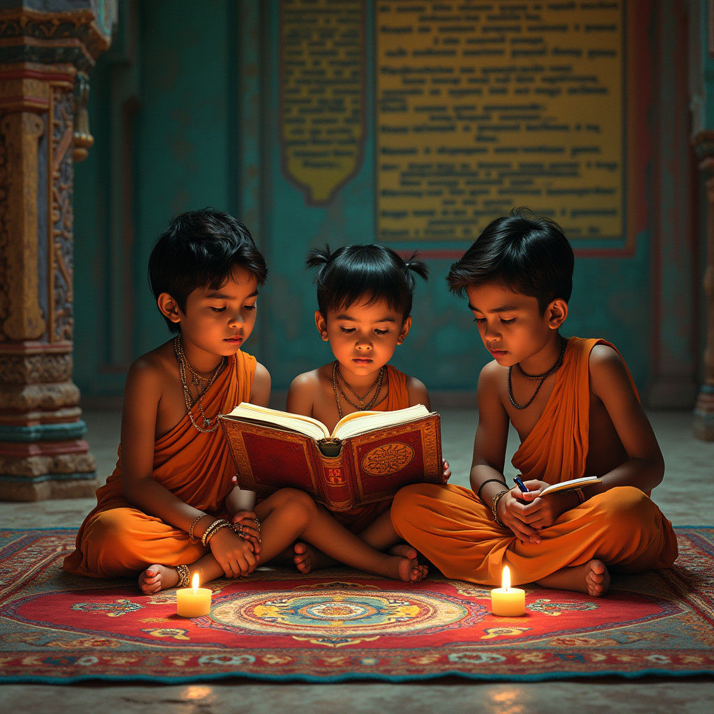 Indian Children Study Ancient Scriptures in Splash Art Style