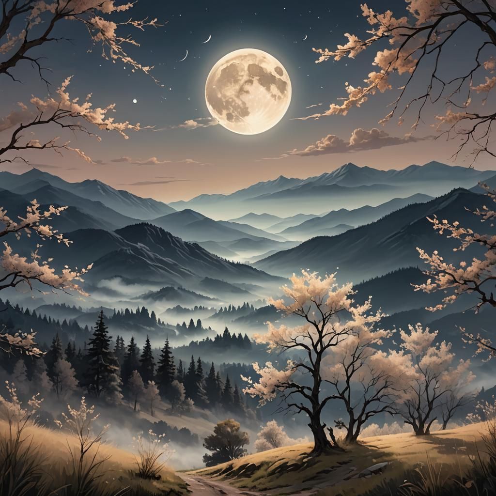 Romantic Mountain Landscape with Full Moon, Digital Painting