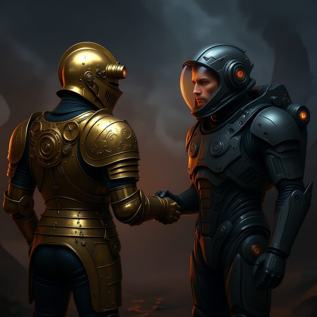Steampunk Knight Meets Cyberpunk Astronaut in Dystopian Fog