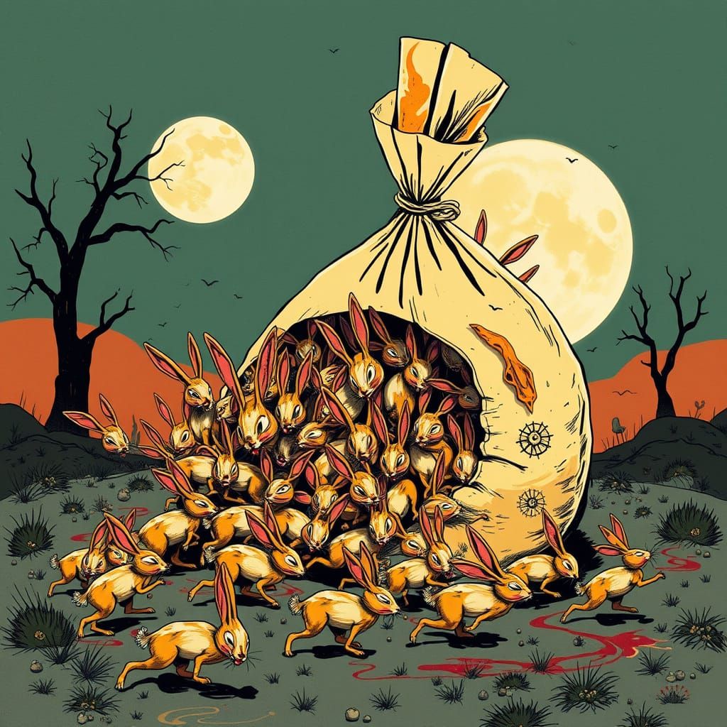 Dreamlike Bag of Sharp Rabbits in a Moonlit Landscape