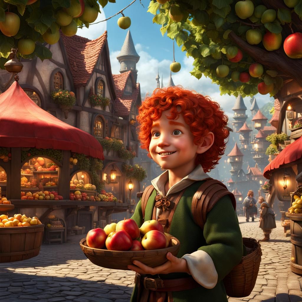 Jovial Halfling at Fruit Stand in Fantasy City