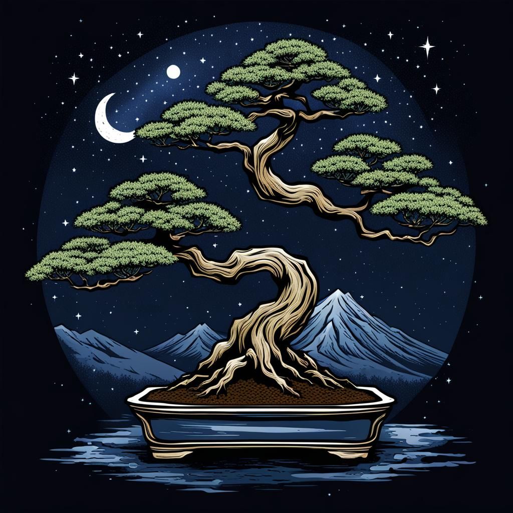 Bonsai Tree Starry Night T-Shirt Design