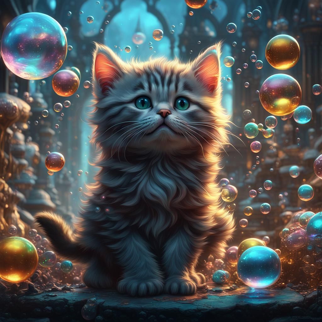 Kittens Popping Bubbles: A Detailed Fantasy Painting