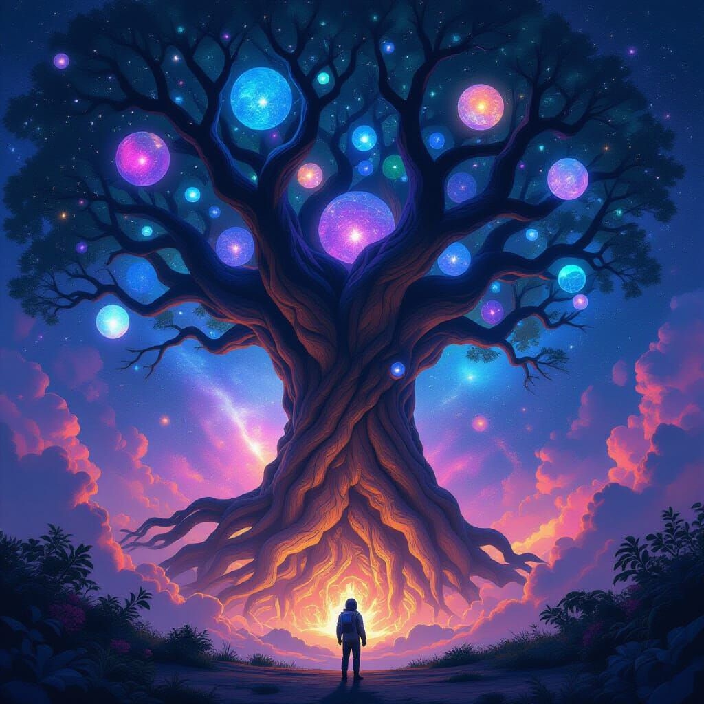 Cosmic Tree in Nebula with Celestial Orbs and Astronaut