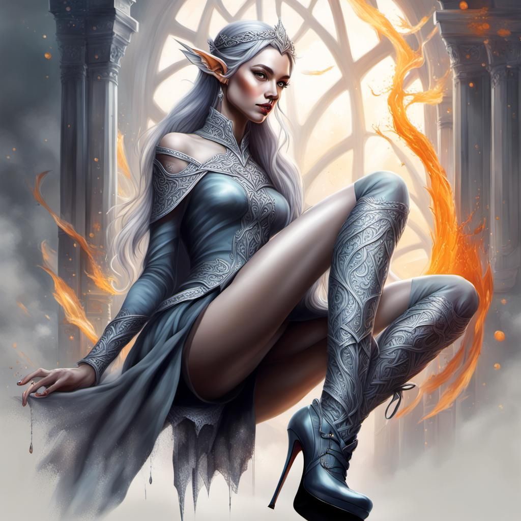 Beautiful Elven Girl in Gray Stockings and High Heels