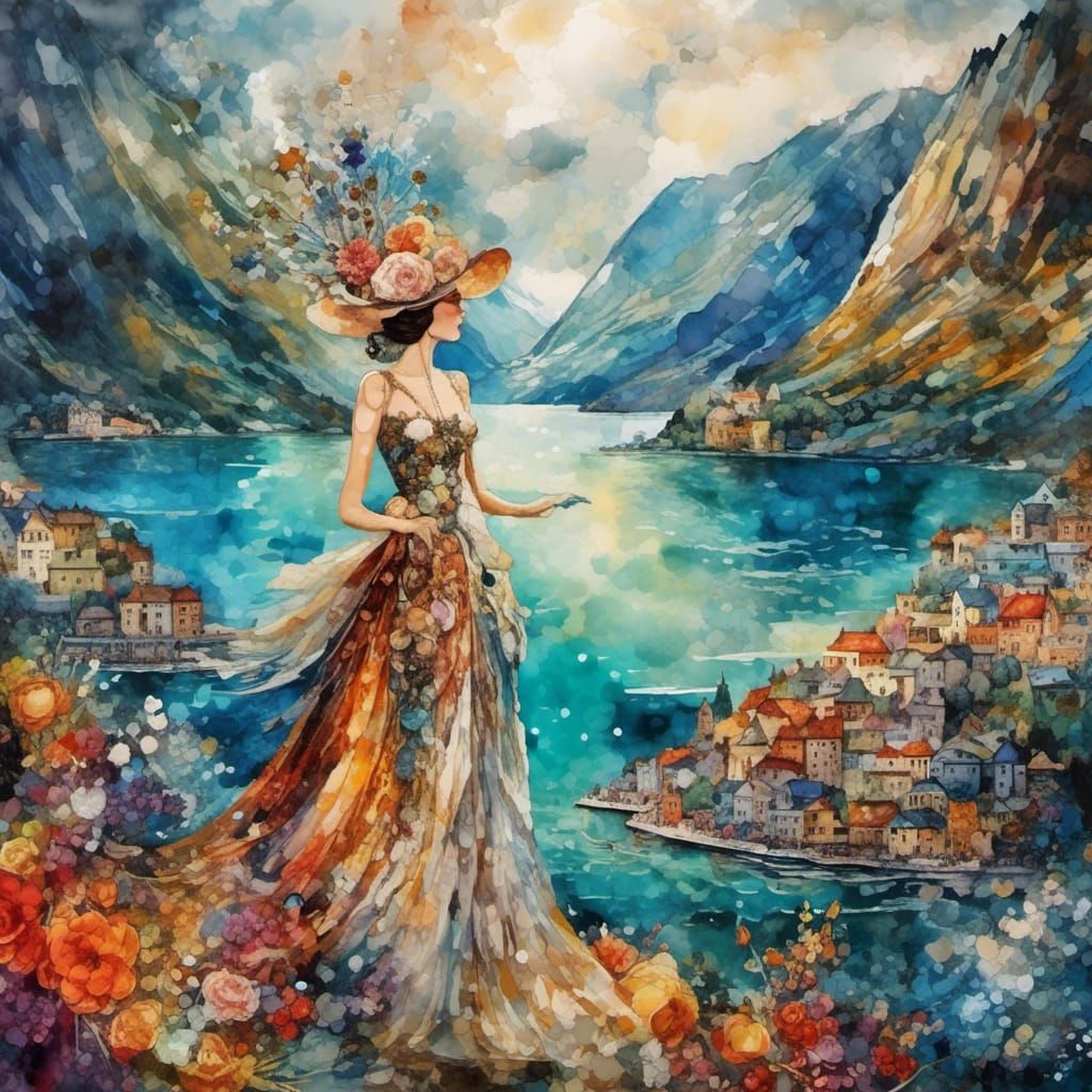 Woman at Fjord in Gouache Mixed Media Style