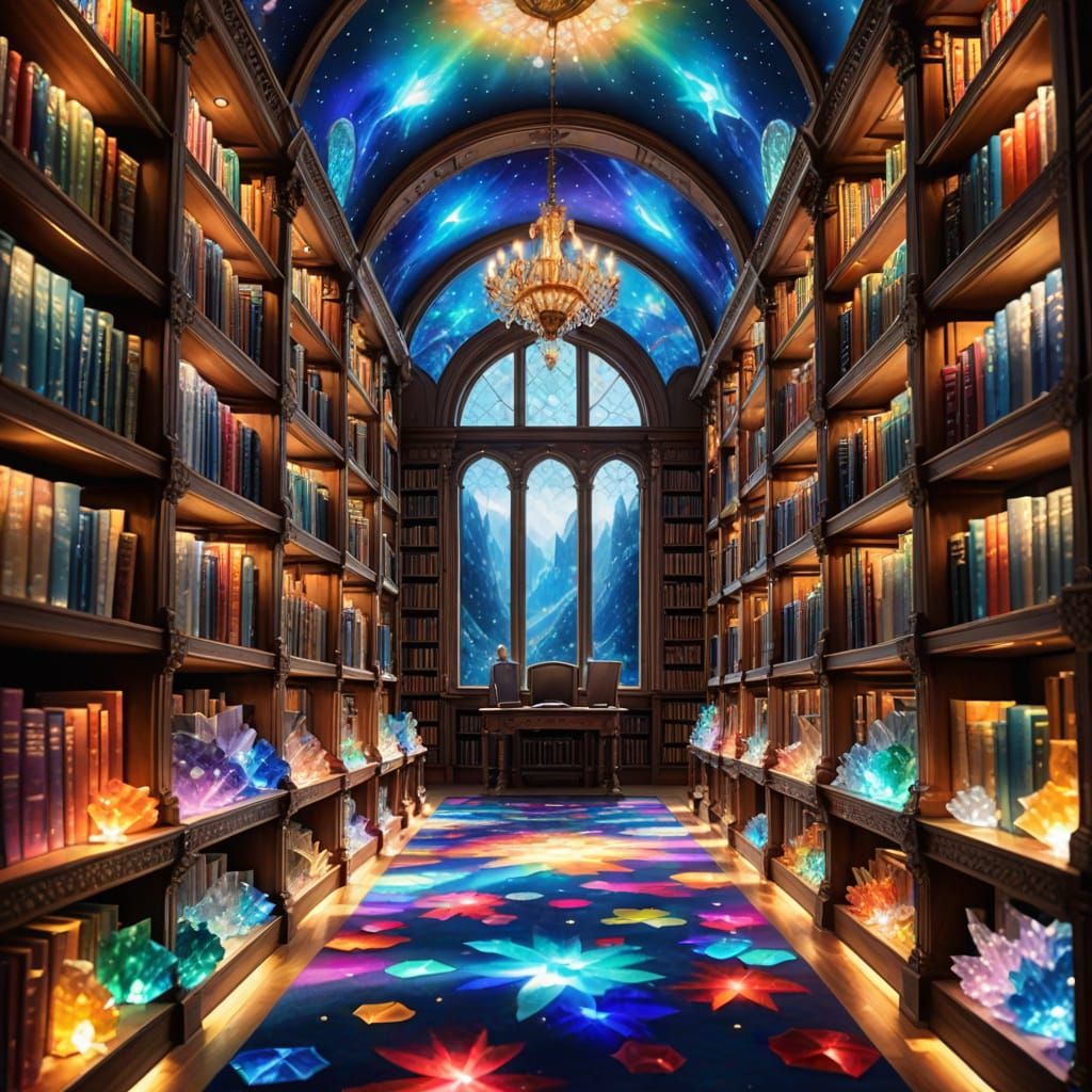 Magical Crystal Library with Rainbow Books