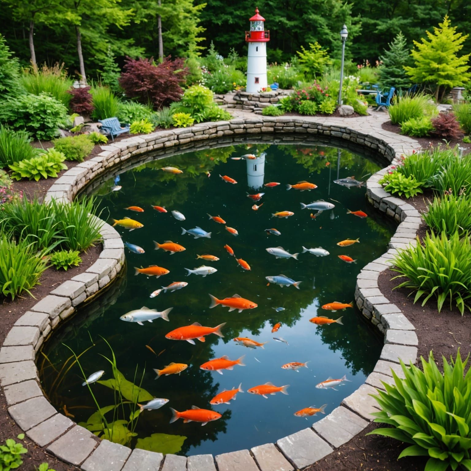 Pond Full of Colorful Fish and Miniature Lighthouses