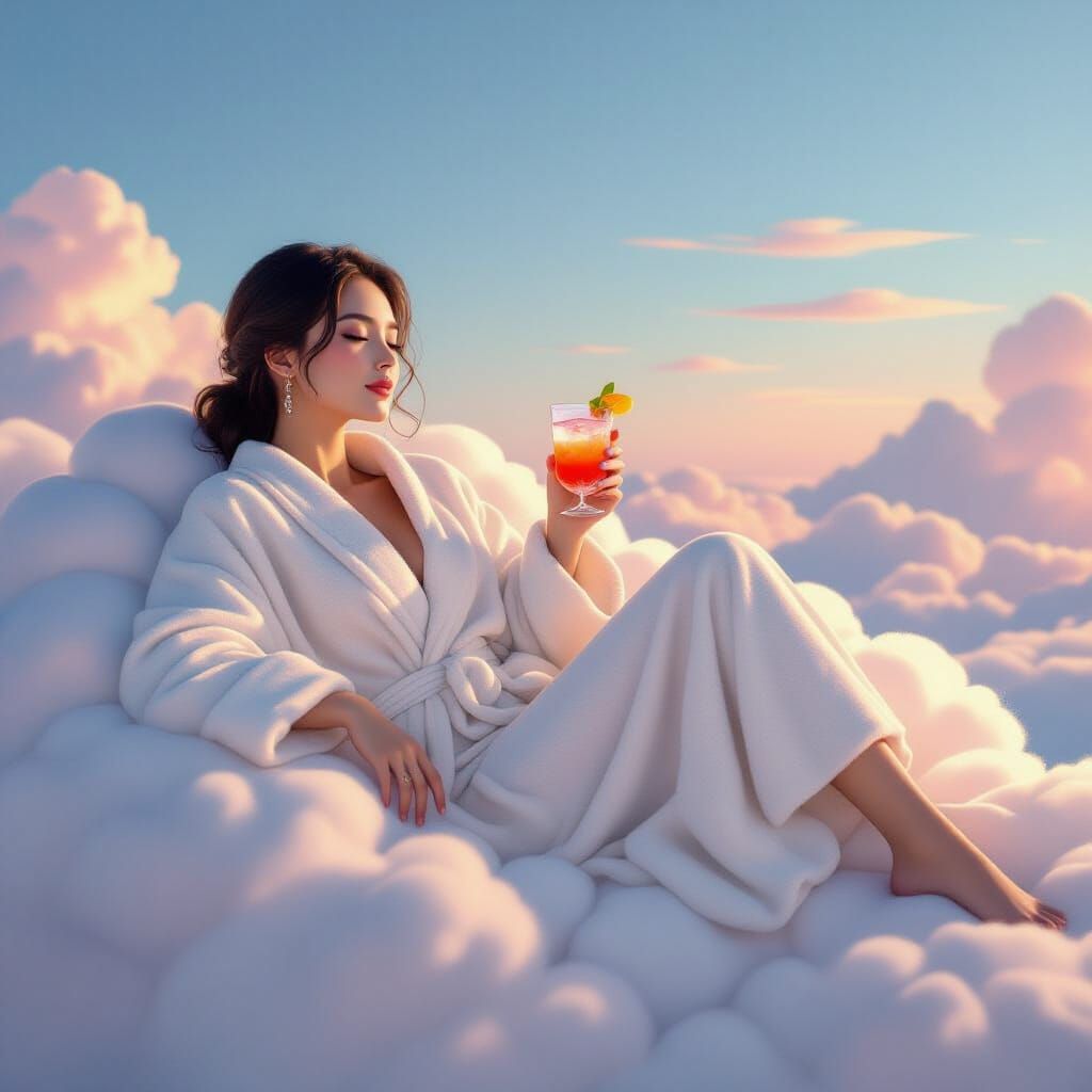 Serene Woman Lounging on Luminous Cloud with Cocktail