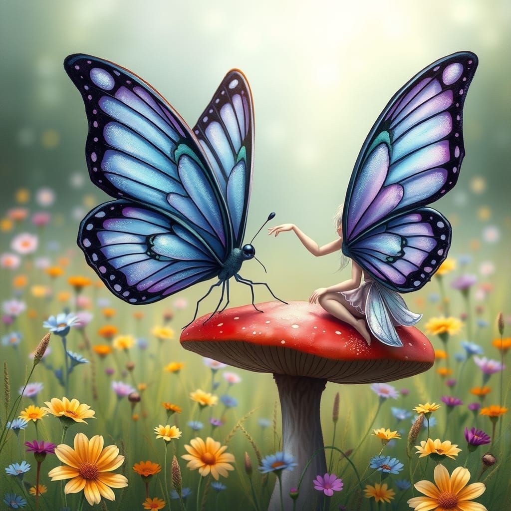 Whimsical Fairy Friends a Rare Butterfly in a Vibrant Meadow