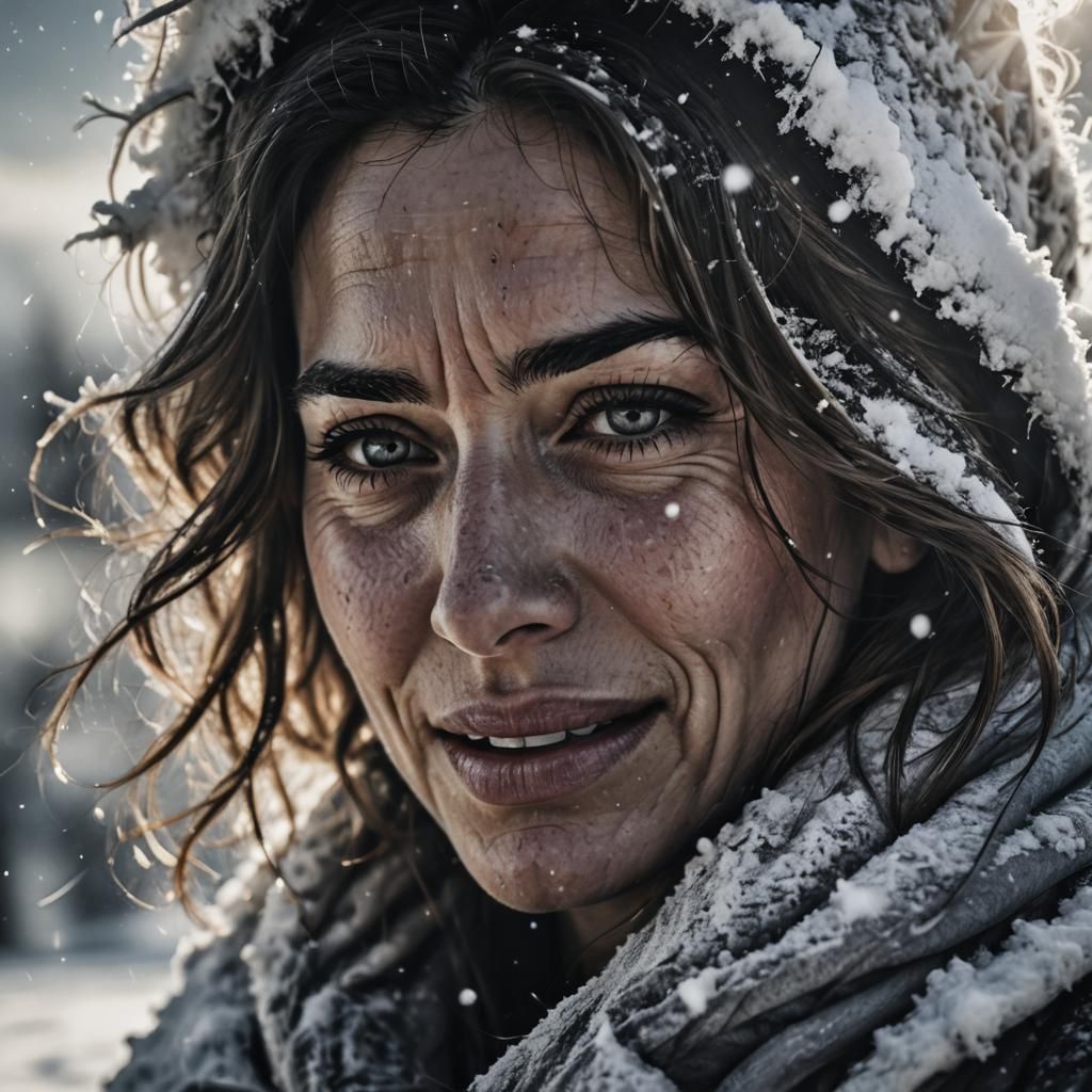 Crying Woman in Snow: Hyperdetailed Charcoal Portrait