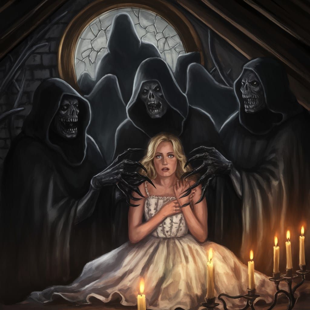 Menacing Figures Emerge from Antique Mirror in Dark Attic Sc...