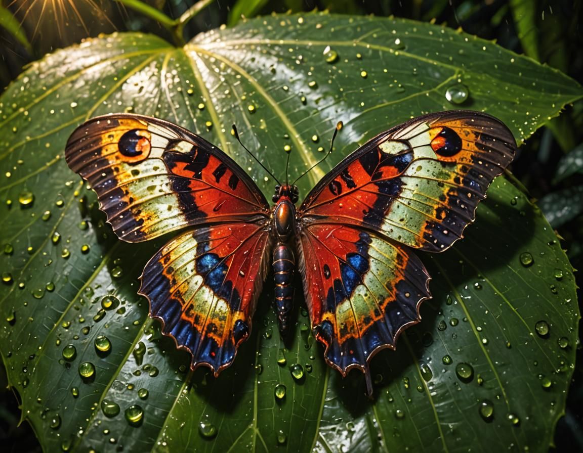 Amazon Rainforest Insects Sheltering Under Illuminated Leaf