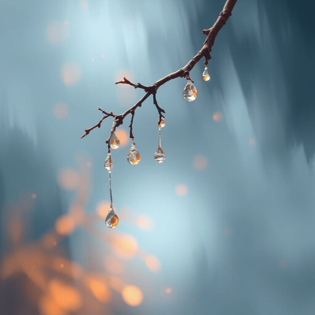Dreamscape Branch with Crystal Raindrops as Oil Painting