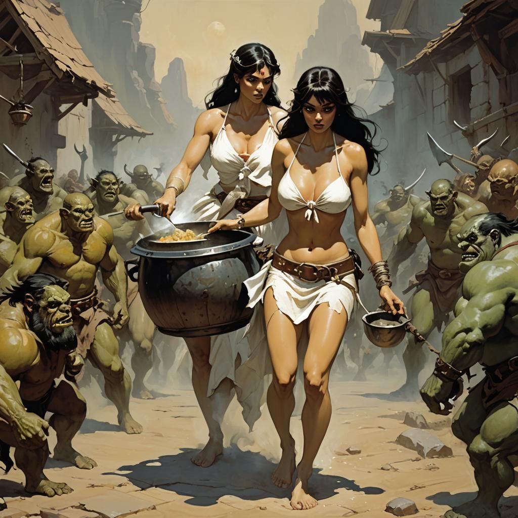 Ogre Leads Woman to Pot, Frank Frazetta Style
