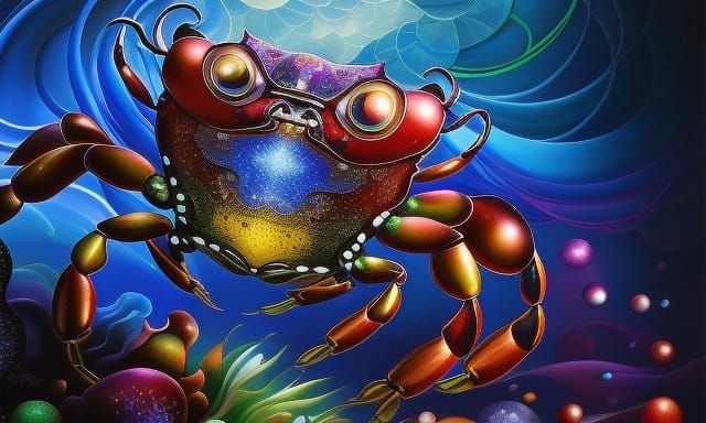 Intricate Stained Glass Crab on Seabed in Digital Art