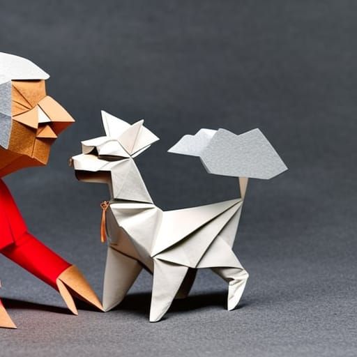 Origami Papercraft of Old Man and Dog