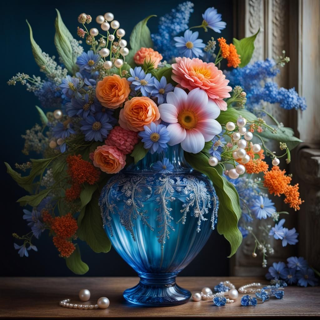 Ornate Blue Vase with Summer Flowers