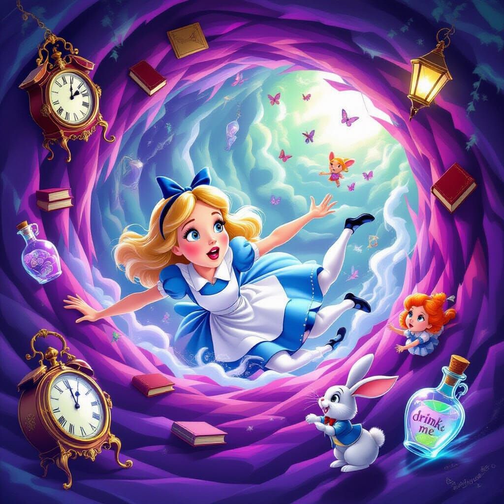 Alice Falls Down Surreal Rabbit Hole in Fantasy Illustration