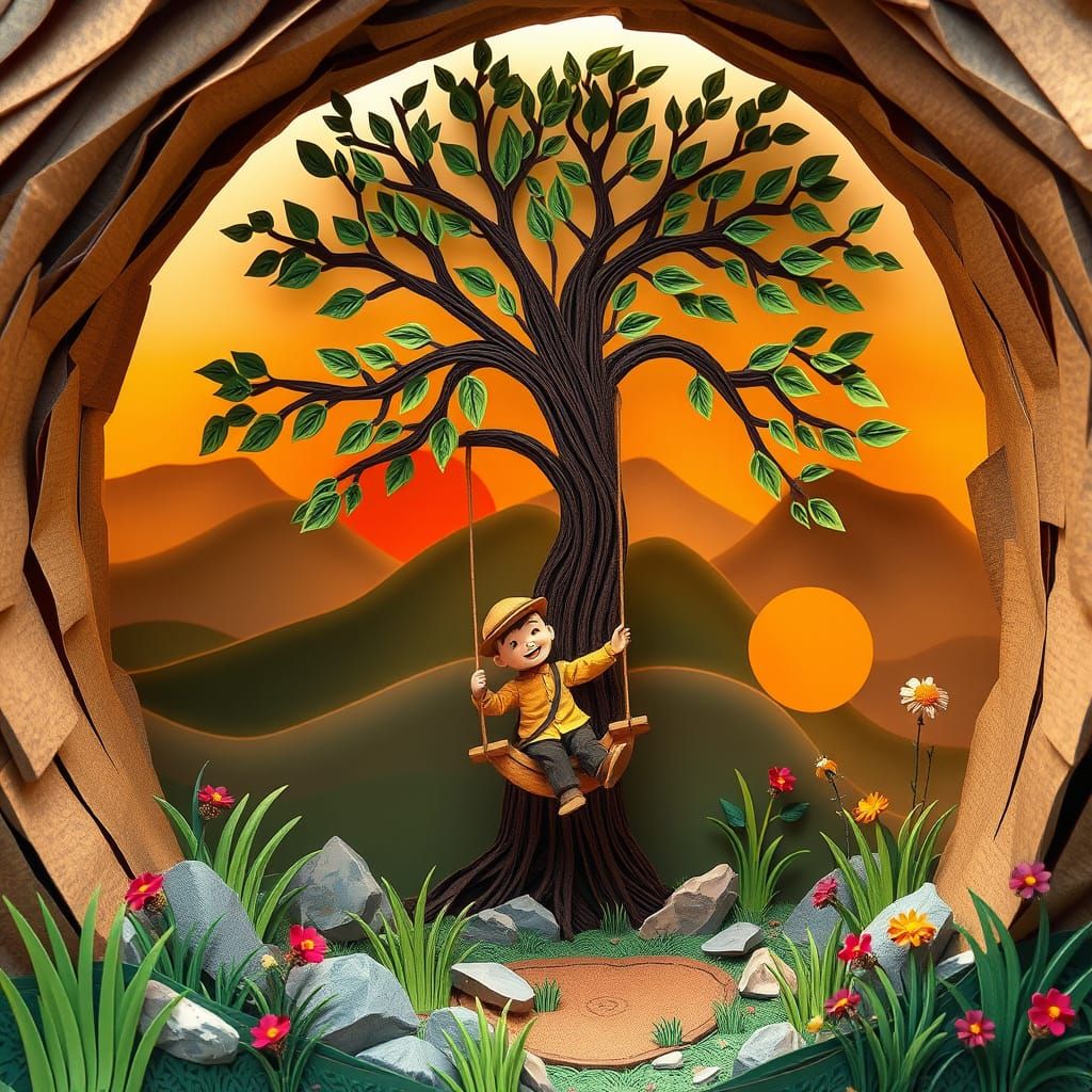 Whimsical Paper Art: Boy on a Tree Swing
