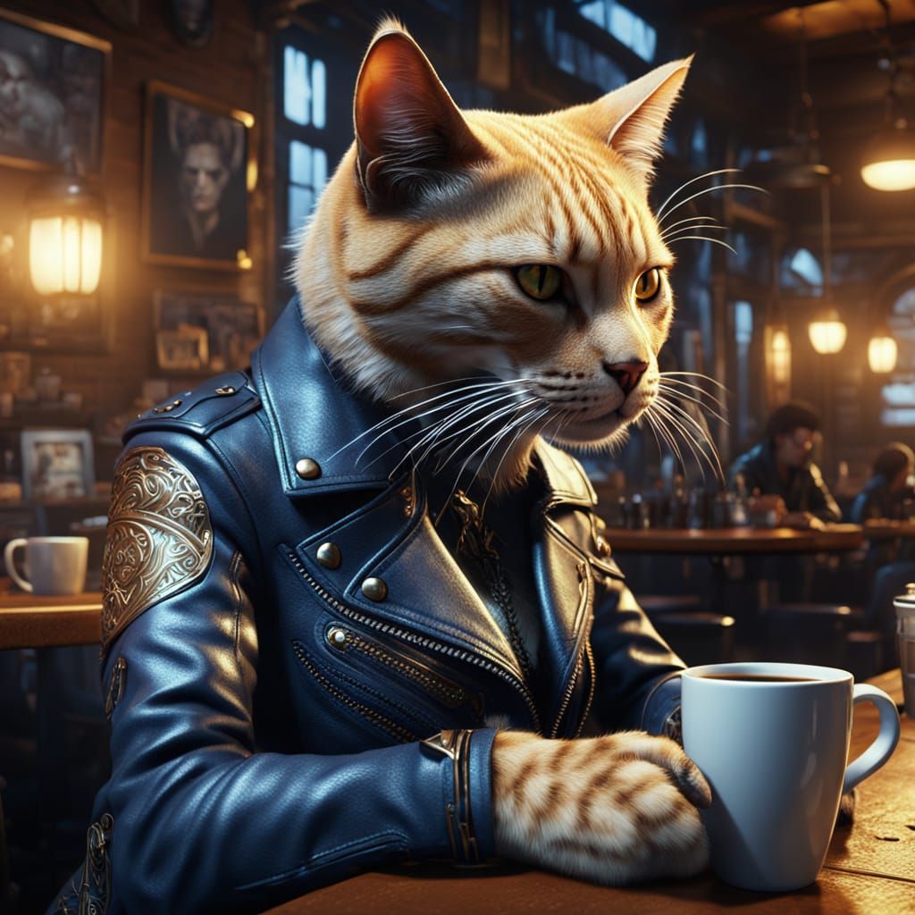 Cat Drinks Coffee in Heavy Metal Style