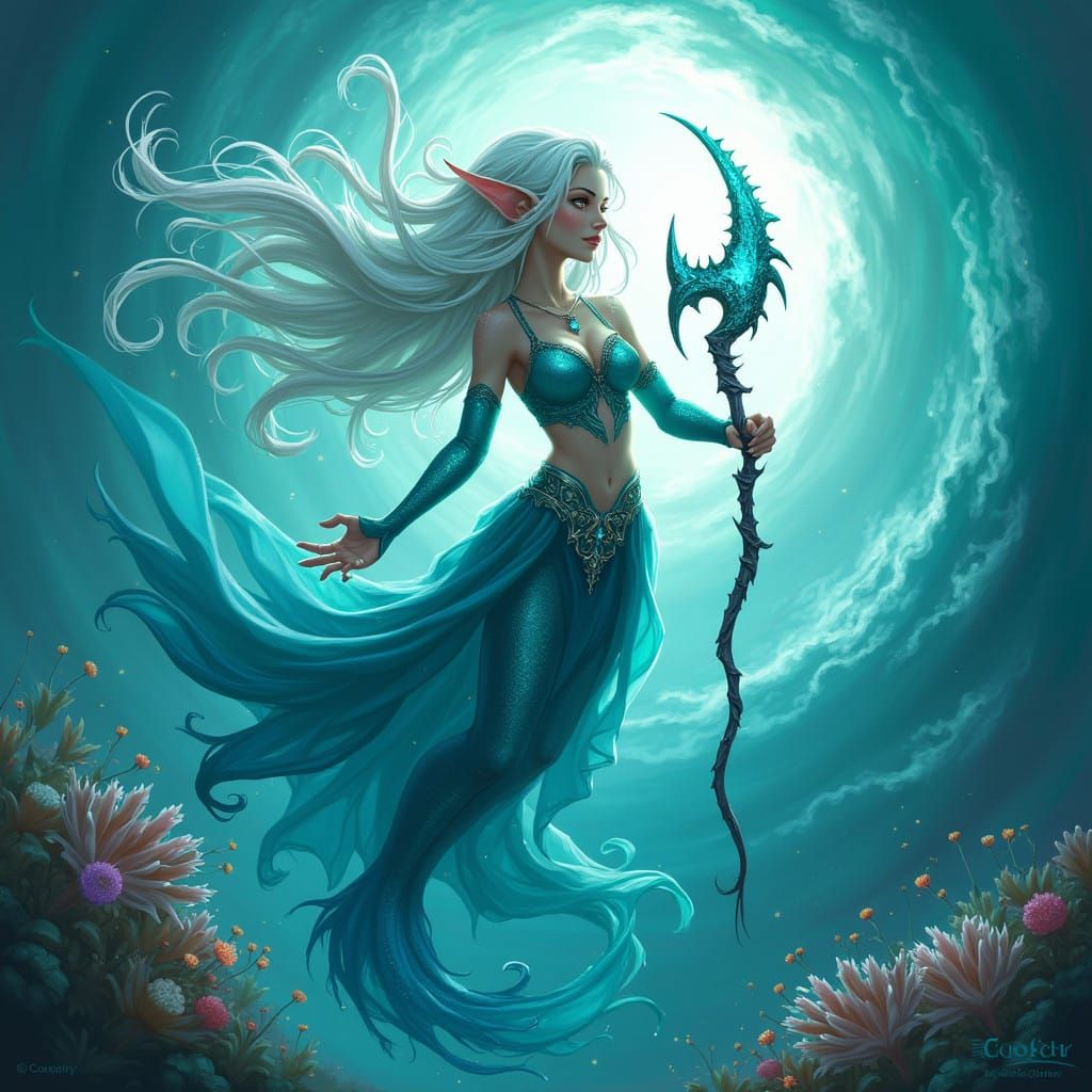 Ethereal Sea Elf Maiden with Web-Like Garments and Magical S...