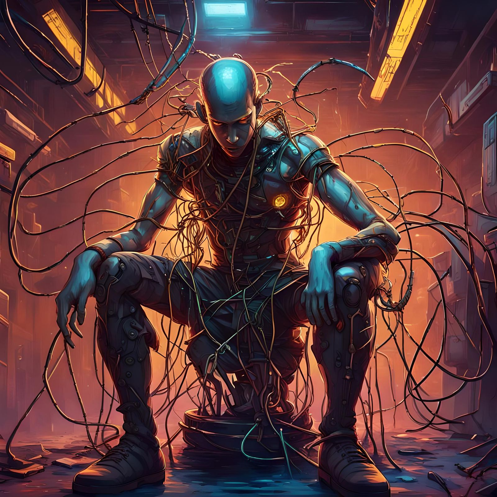 God of Technology Trapped in Cyberpunk Machine