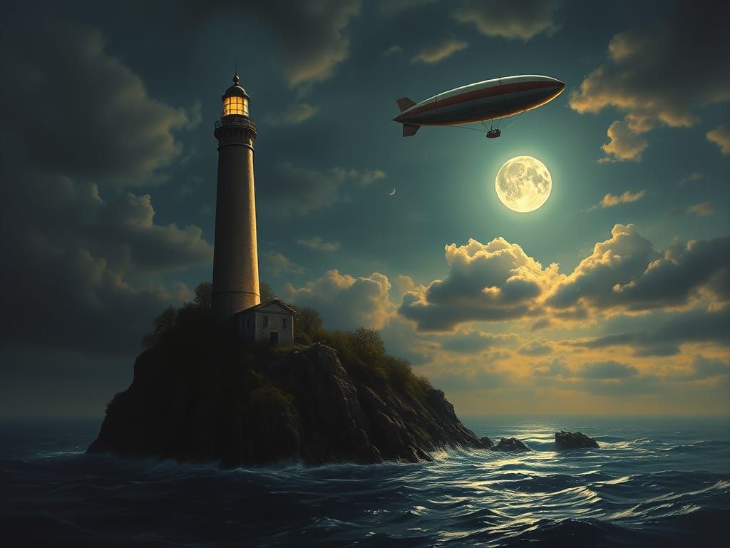 Lighthouse and Dirigible in Romantic Oil Painting Style
