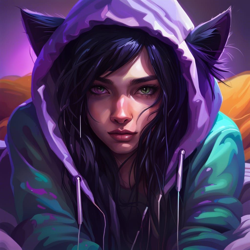 Hyperrealistic Cat Girl Listening to Music